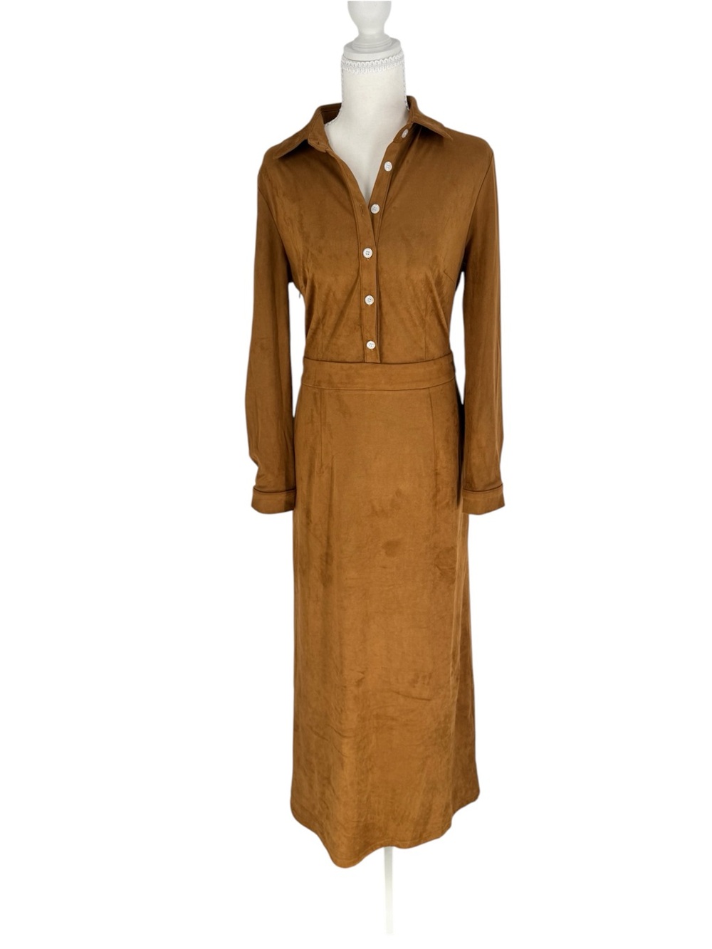 NWT Modesees Faux Suede Classy Maxi Dress Camel Brown Long Sleeve Collared Boho